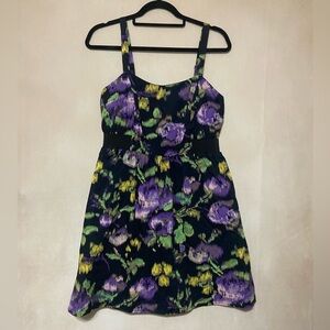 Anthropologie Annabella women's L purple floral stretch waist mini dress EUC